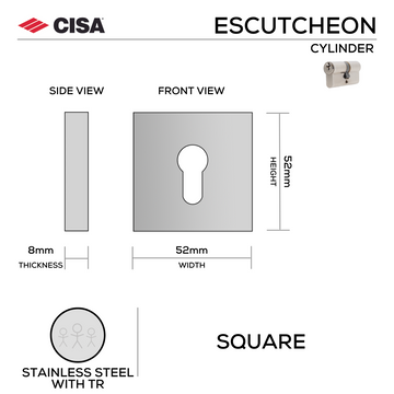 Main product view showing CISA Stainless Steel Cylinder Lock — tough stainless shine for doors, 52mm (h) x 52mm (w).