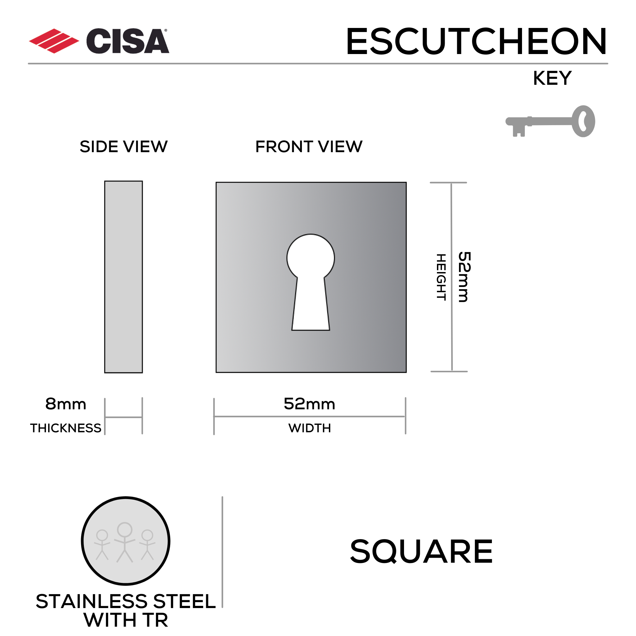 FE.S.K.TR, Keyhole Escutcheon, Square Rose, 52mm (h) x 52mm (w) x 8mm (t), Tarnish Resistant, CISA