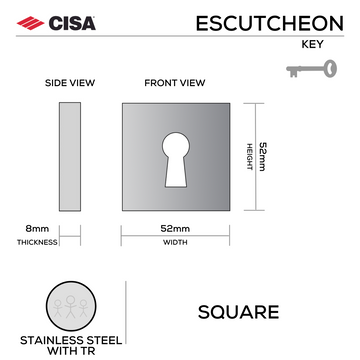 CISA Stainless Steel Escutcheon shown in main product view, giving doors clean stainless confidence, 52mm (h) x 52mm (w).