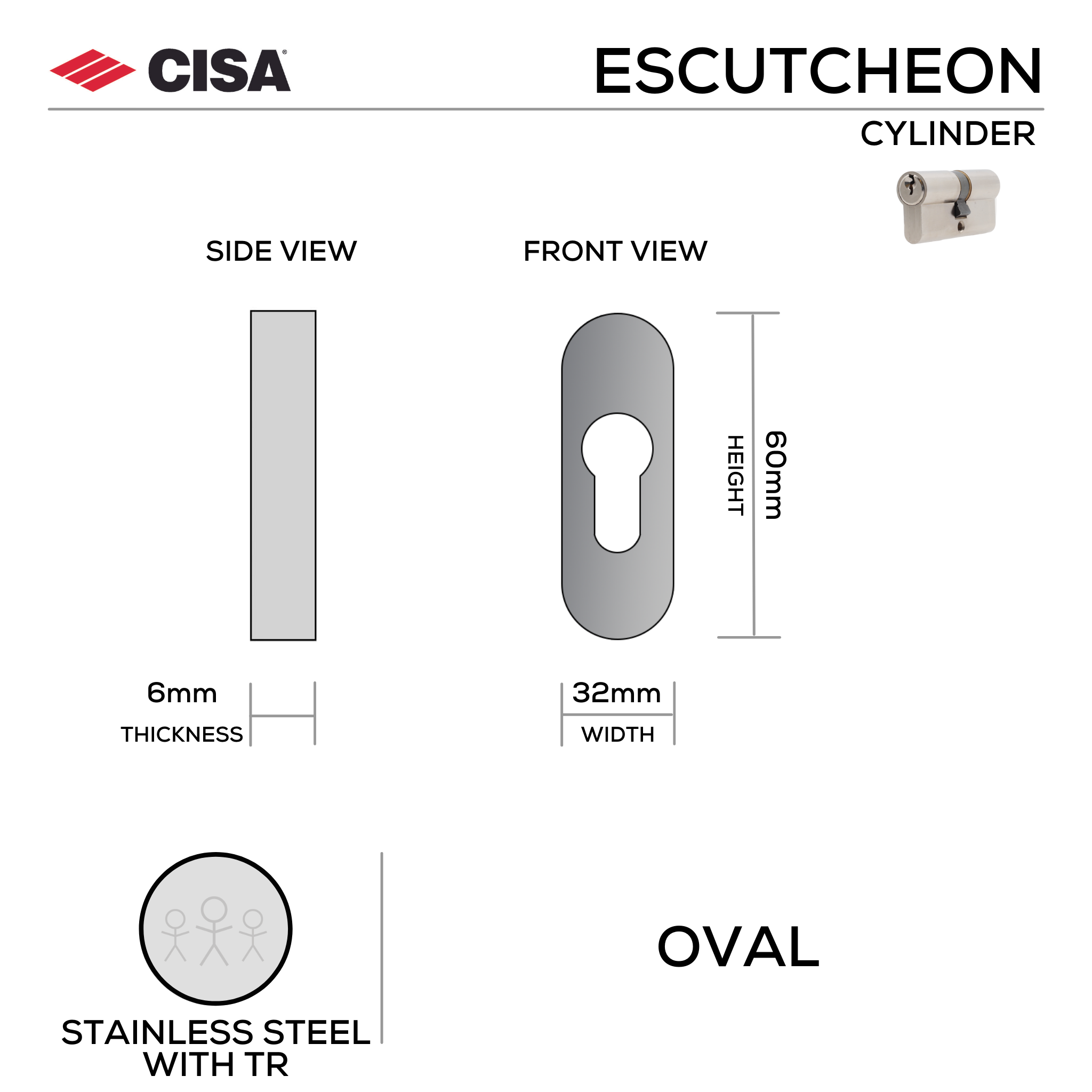 FE.O.C.TR, Cylinder Escutcheon, Oval Rose, 60mm (h) x 32mm (w) x 6mm (t), Tarnish Resistant, CISA