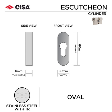 CISA Stainless Steel Cylinder Lock main product view for doors — strong stainless style, 60mm (h) x 32mm (w).