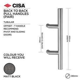 FP.T202.BB.MBL, Pull Handle, Tubular, Offset, T Handle, BTB, 30mm (Ø) x 400mm (l) x 190mm (ctc), Matt Black, CISA
