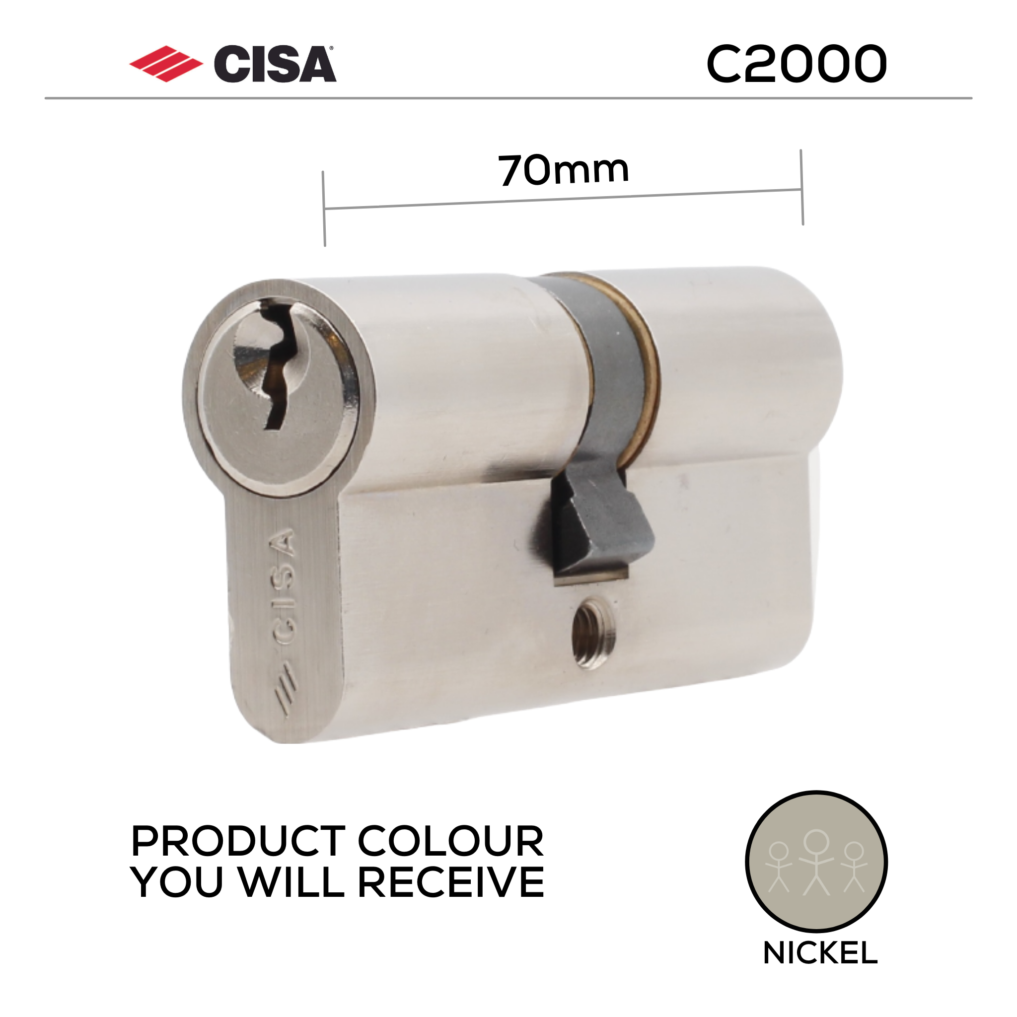 08210-12-12-KD, 70mm - 30/40, Double Cylinder, C2000, Key to Key, Keyed to Differ (Standard), 3 Keys, 5 Pin, Nickel, CISA