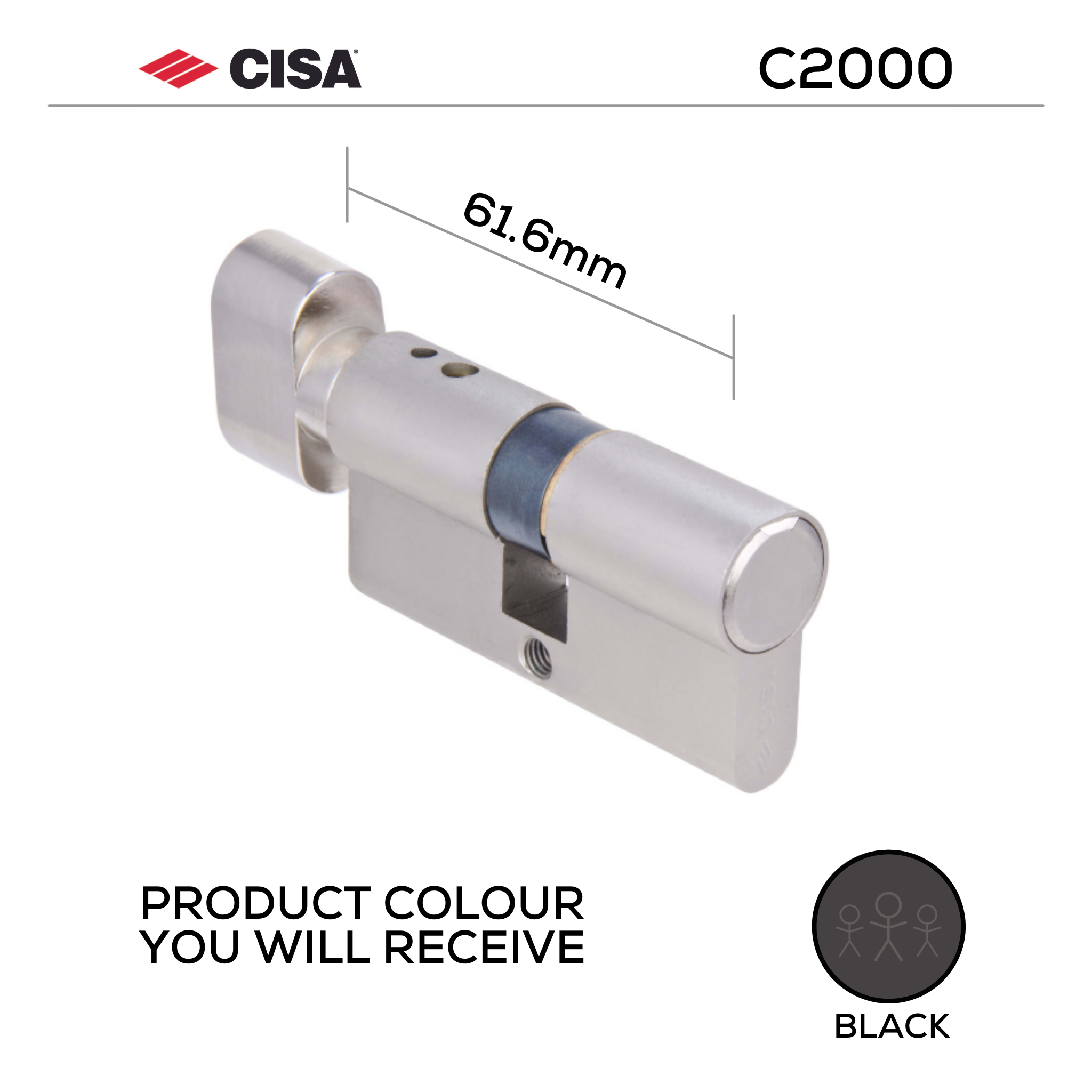 08525-04-00-BLK-KD, 61.6mm - 30.8/30.8, Double Cylinder (Bathroom Privacy), C2000, Thumbturn to Coin, Black, CISA