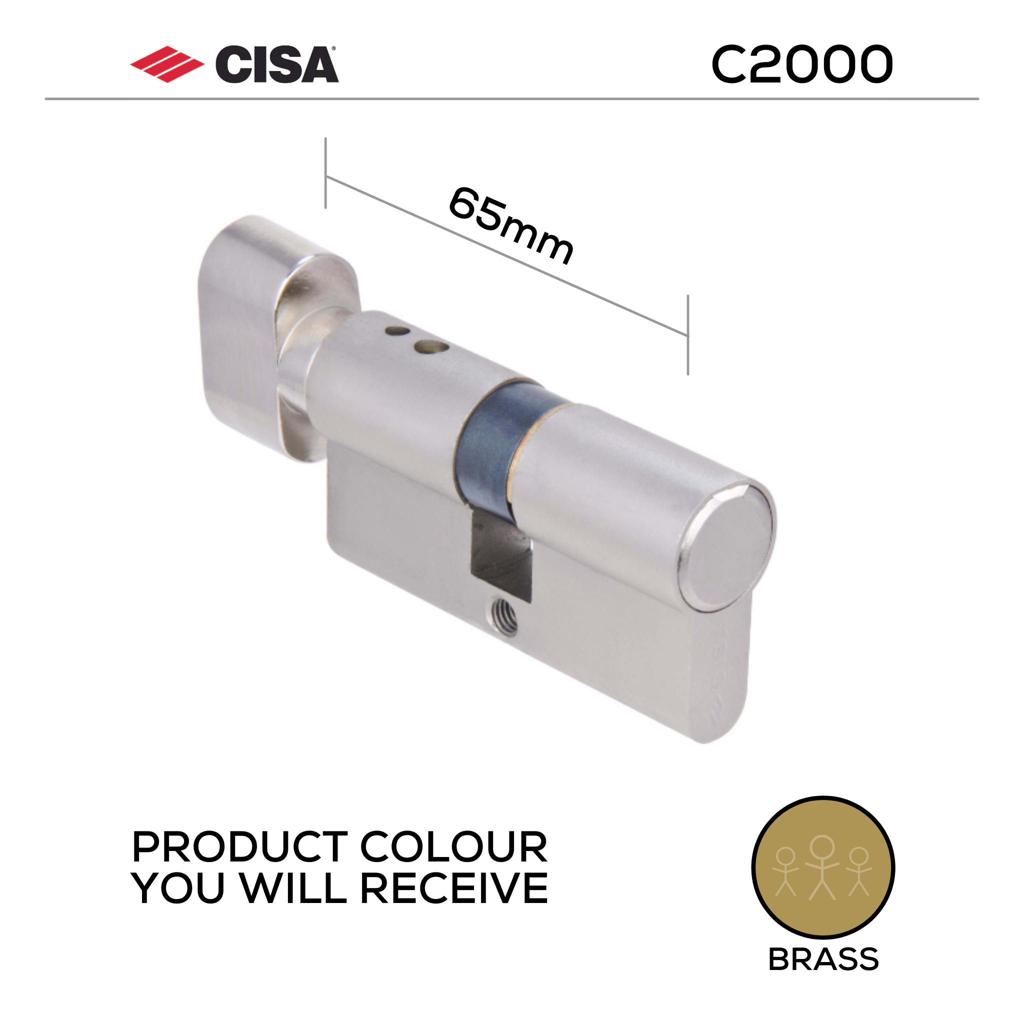08525-34-00, 65mm - 32.5/32.5, Double Cylinder (Bathroom Privacy), C2000, Thumbturn to Coin, Brass, CISA