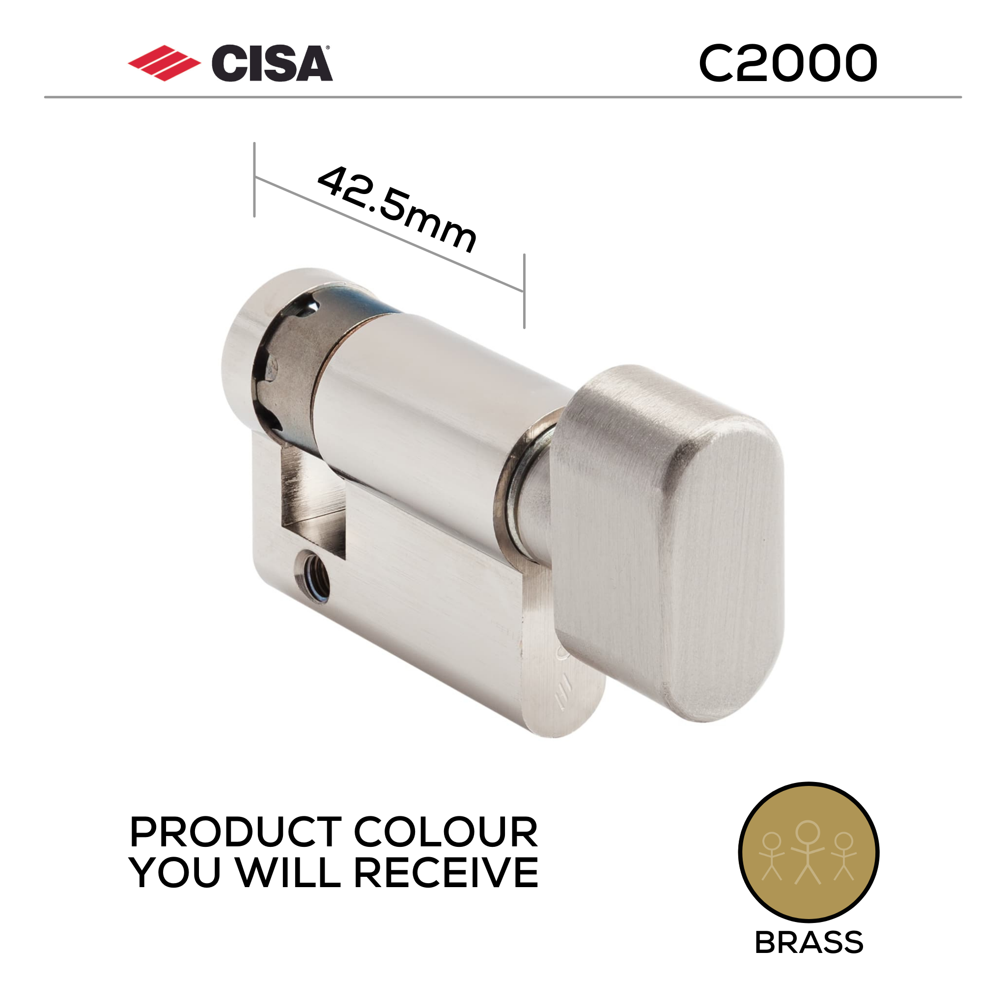 08559-09-00-KD, 42,5mm - 32.5/10, Half (Single Cylinder), C2000, Thumbturn, Keyed to Differ (Standard), Brass, CISA