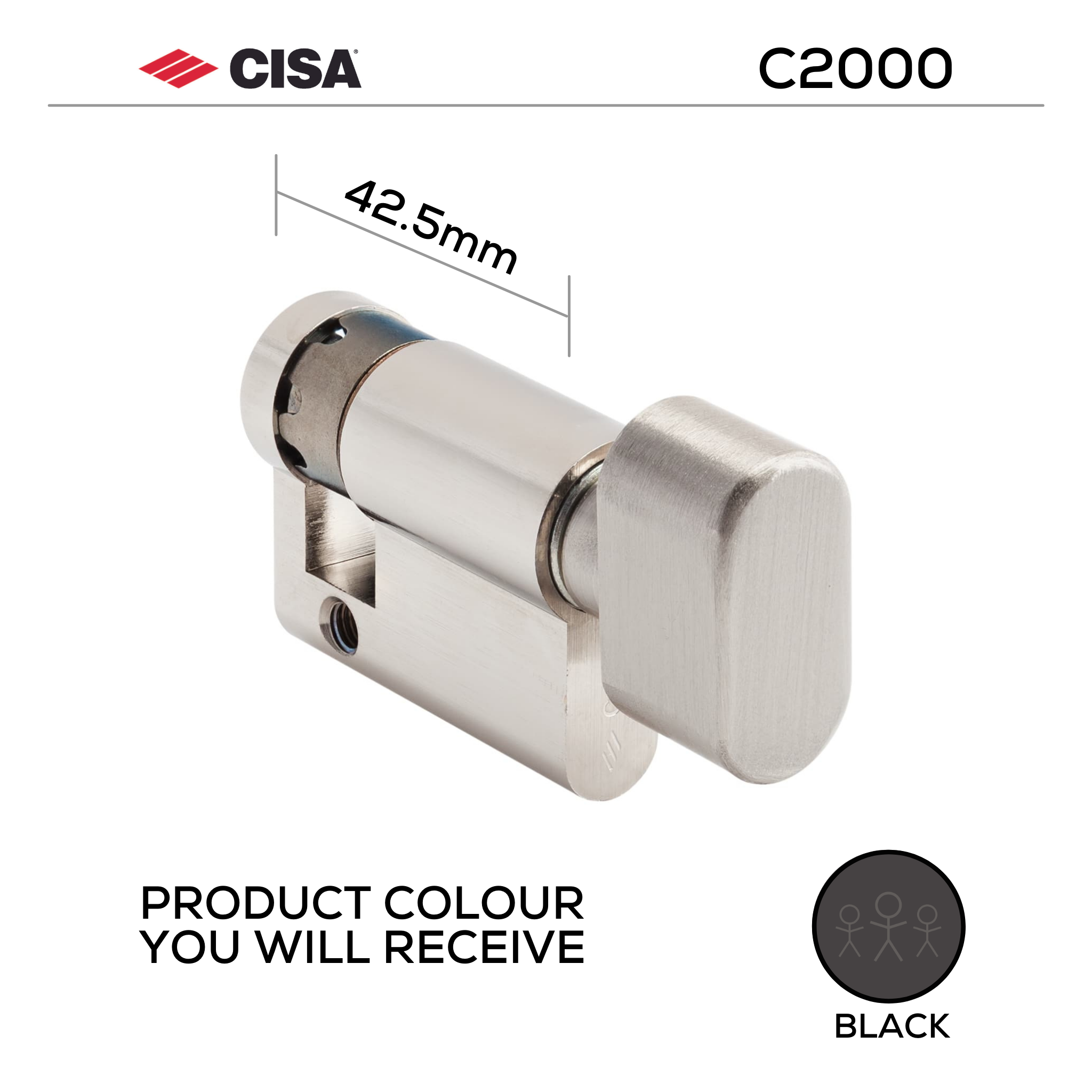 08559-09-00-BLK-KD, 42,5mm - 32.5/10, Half (Single Cylinder), C2000, Thumbturn, Keyed to Differ (Standard), Black, CISA