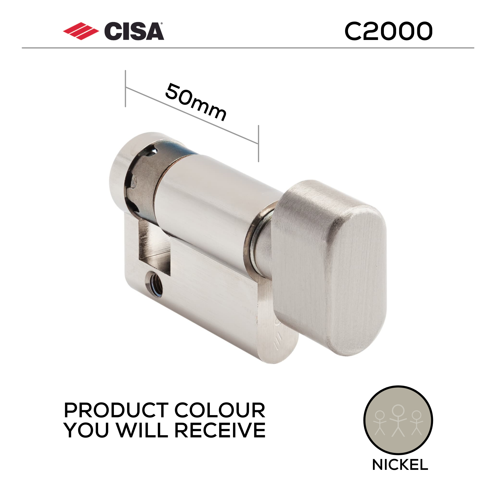 08559-18-12-KD, 50mm - 40/10, Half (Single Cylinder), C2000, Thumbturn, Keyed to Differ (Standard), Nickel, CISA