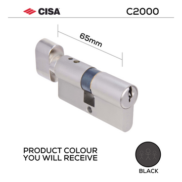 Main product view showing CISA Black Cylinder Lock — dark, sleek, and ready to stand out for doors, 65mm.