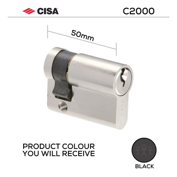 Main product view showing CISA Black Cylinder Lock — dark, sleek, and ready to stand out for doors, 50mm.
