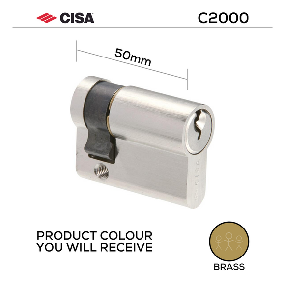 0G304-03-00-KD, 50mm - 39.5/10, Half (Single Cylinder), C2000, Key, Keyed to Differ (Standard), 3 Keys, 5 Pin, Brass, CISA