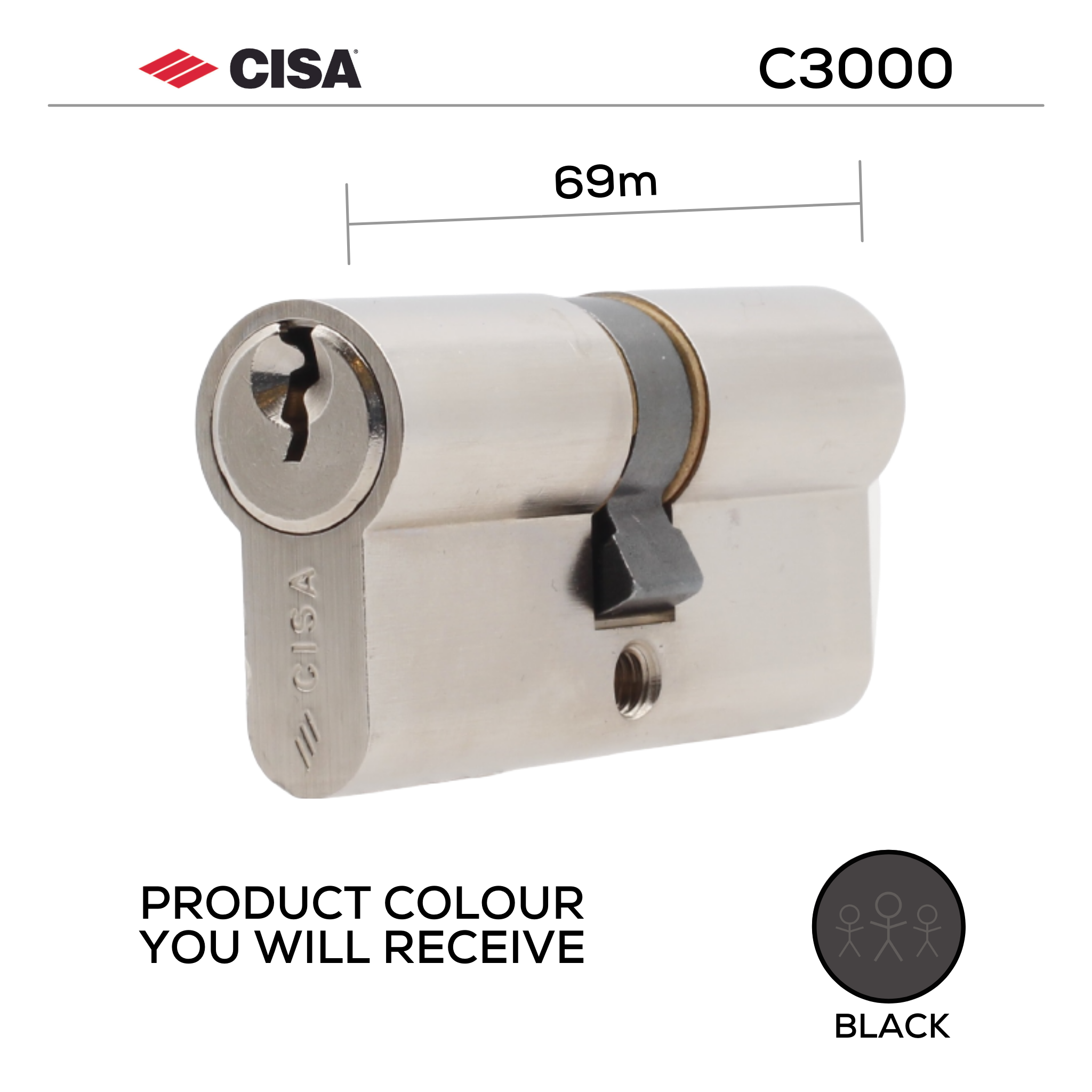 0N310-13-00-BLK-KD, 69mm - 34.5/34.5, Double Cylinder, C3000, Key to Key, Keyed to Differ (Standard), 3 Keys, 6 Pin, Black, CISA