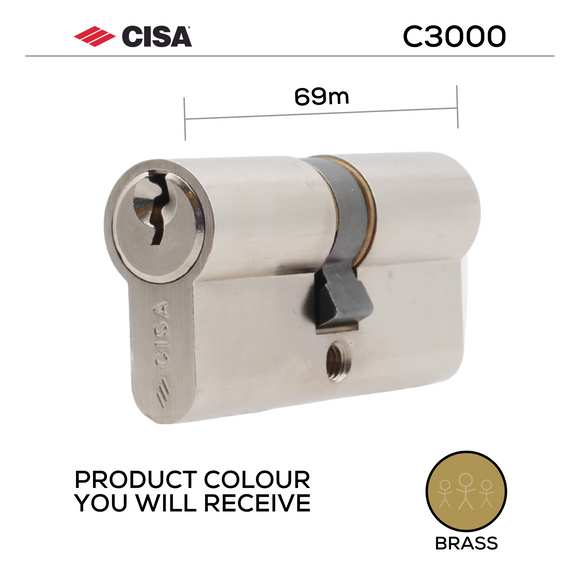 0N310-13-00-KD, 69mm - 34.5/34.5, Double Cylinder, C3000, Key to Key, Keyed to Differ (Standard), 3 Keys, 6 Pin, Brass, CISA