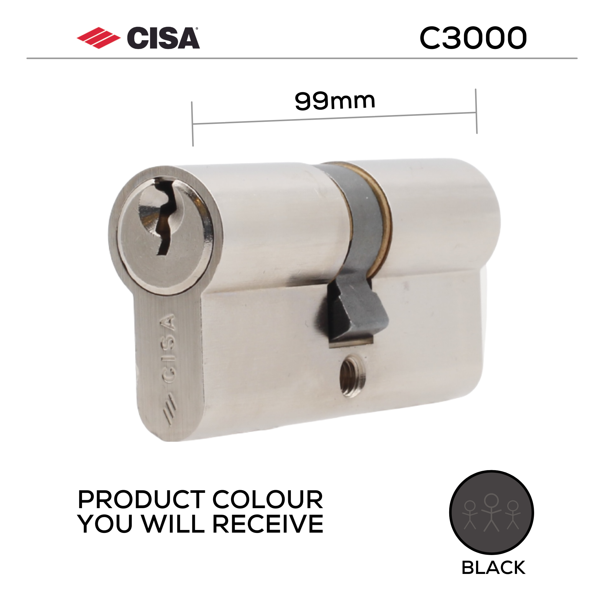 0N310-23-00-BLK-KD, 99mm - 49.5/49.5, Double Cylinder, C3000, Key to Key, Keyed to Differ (Standard), 3 Keys, 6 Pin, Black, CISA