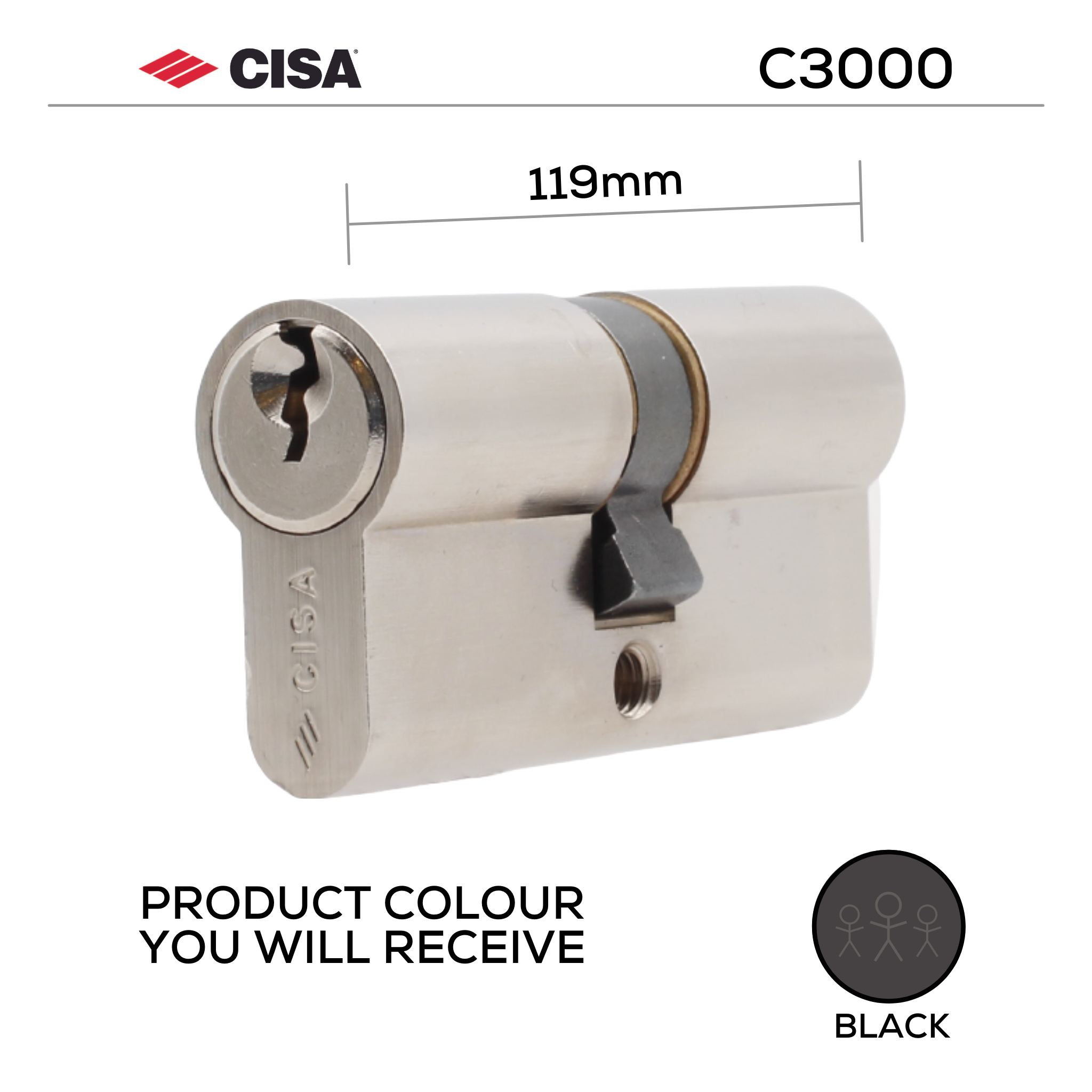 0N310-40-00-BLK-KD, 119mm - 59.5/59.5, Double Cylinder, C3000, Key to Key, Keyed to Differ (Standard), 3 Keys, 6 Pin, Black, CISA