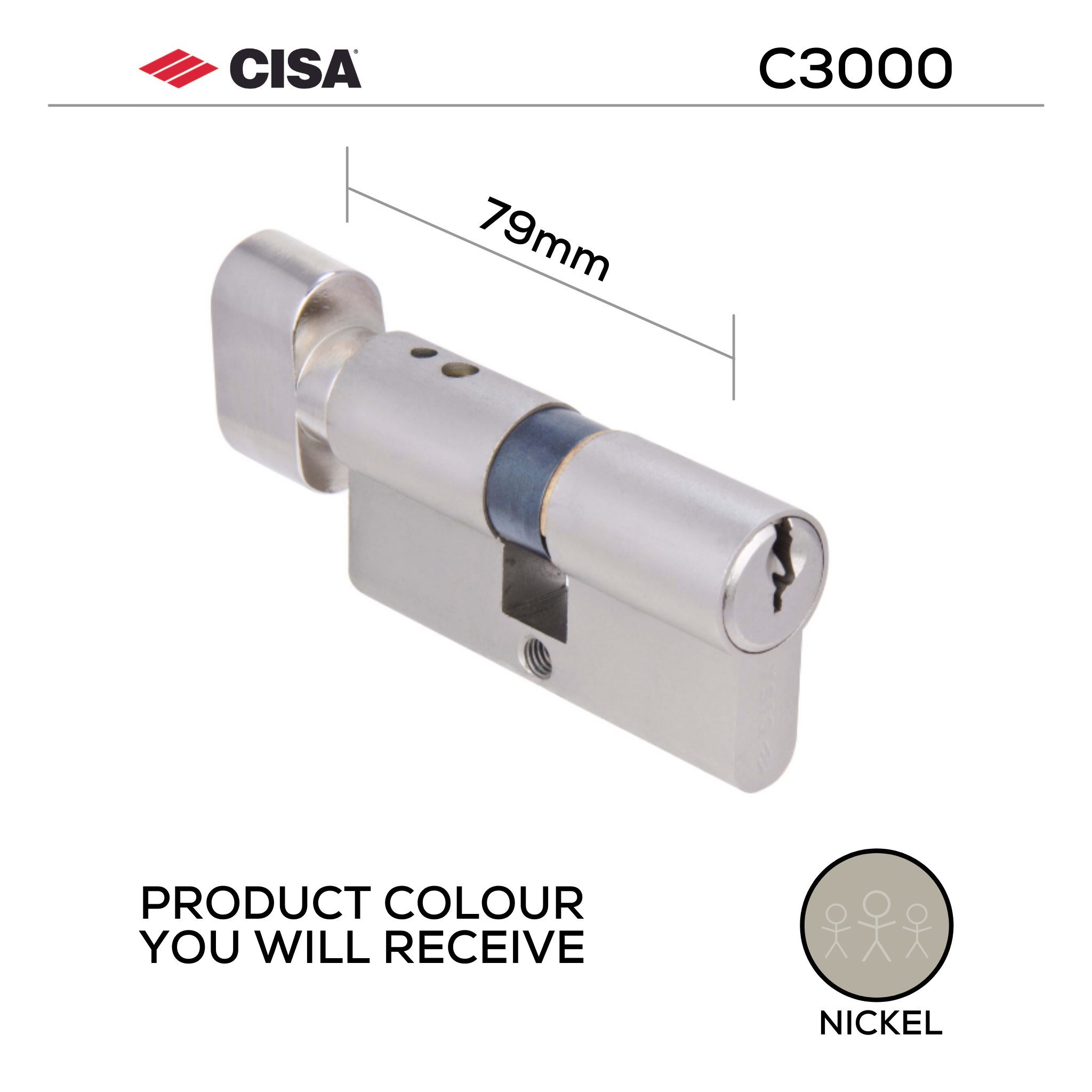 0N312-18-12-KD, 79mm - 39.5/39.5, Double Cylinder, C3000, Thumbturn to Key, Keyed to Differ (Standard), 3 Keys, 6 Pin, Nickel, CISA