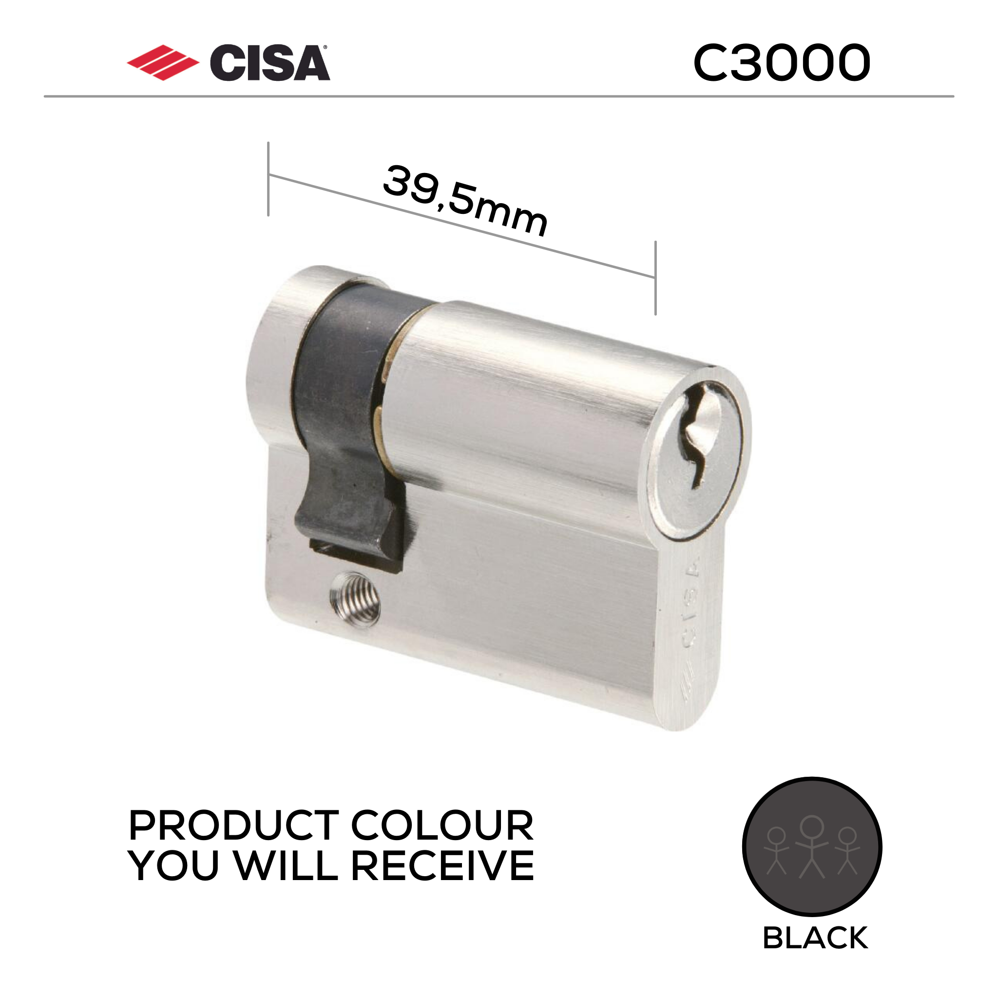 0N314-02-BLK-KD, 39.5mm - 29.5/10, Half (Single Cylinder), C3000, Key, Keyed to Differ (Standard), 3 Keys, 6 Pin, Black, CISA
