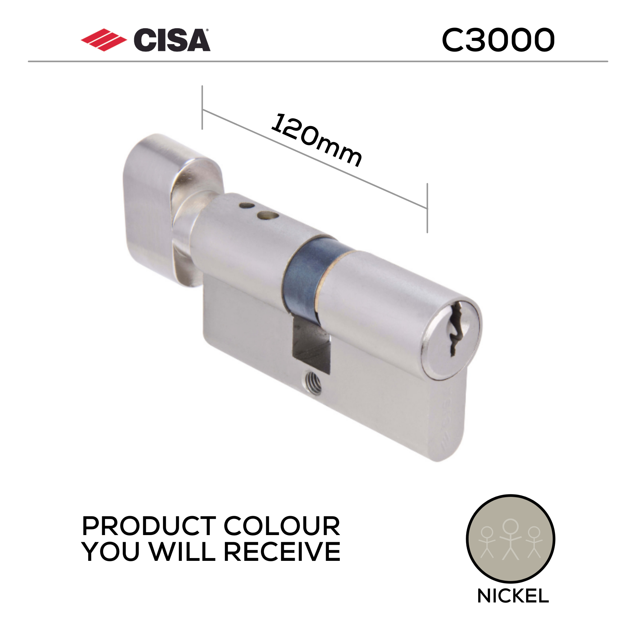 0N317-52-12-KD, 120mm - 89.5/29.5, Double Cylinder, C3000, Thumbturn to Key, Keyed to Differ (Standard), 3 Keys, 6 Pin, Nickel, CISA