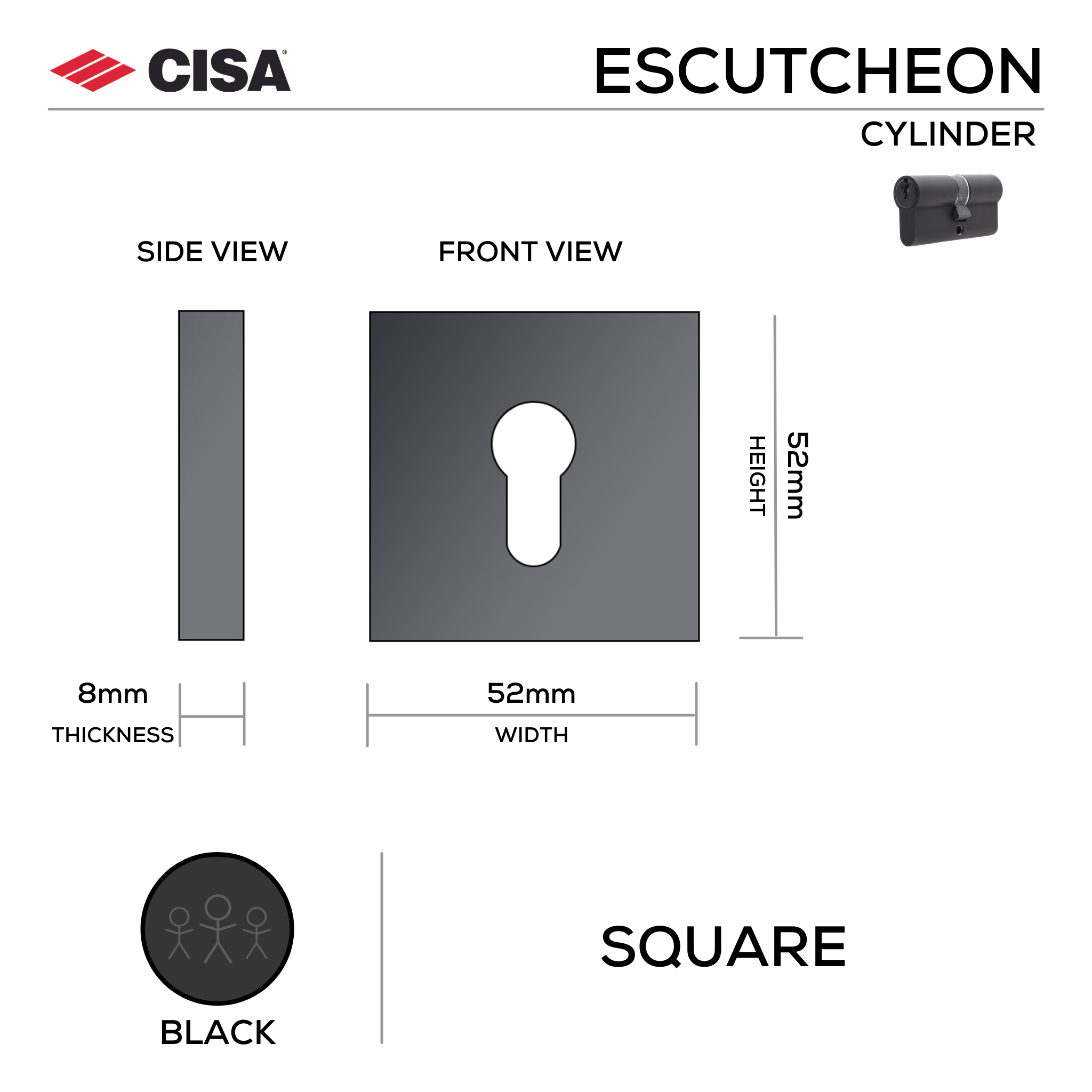 FE.S.C.MBL, Cylinder Escutcheon, Square Rose, 52mm (h) x 52mm (w) x 8mm (t), Black, CISA