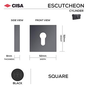 CISA Black Cylinder Lock for doors, main product view with bold black energy, 52mm (h) x 52mm (w).