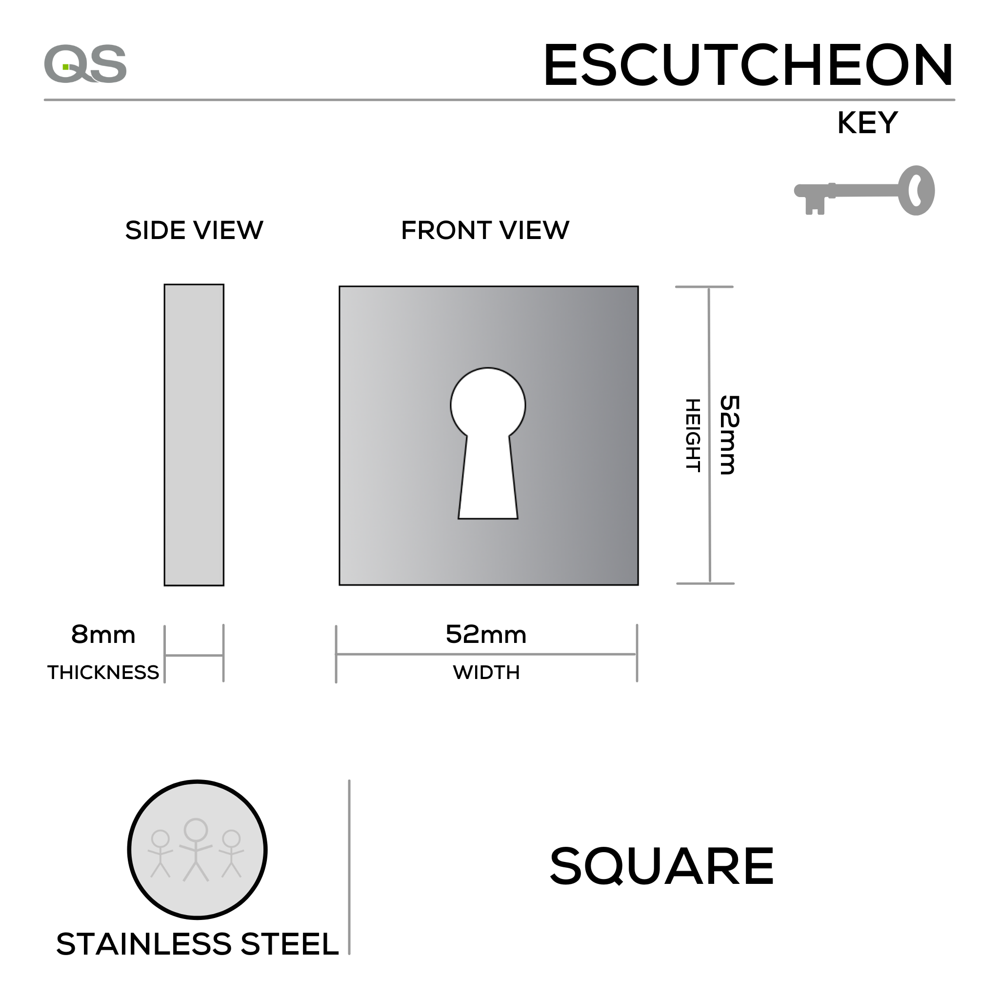 QS4472, Keyhole Escutcheon, Square Rose, 52mm (h) x 52mm (w) x 8mm (t), Stainless Steel, QS