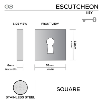Main product view of QS Stainless Steel Escutcheon, made for doors with tough stainless shine, 52mm (h) x 52mm (w).