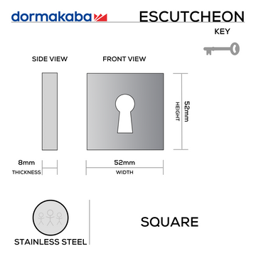 Main product view showing DORMAKABA Stainless Steel Escutcheon — tough stainless shine for doors, 52mm (h) x 52mm (w).