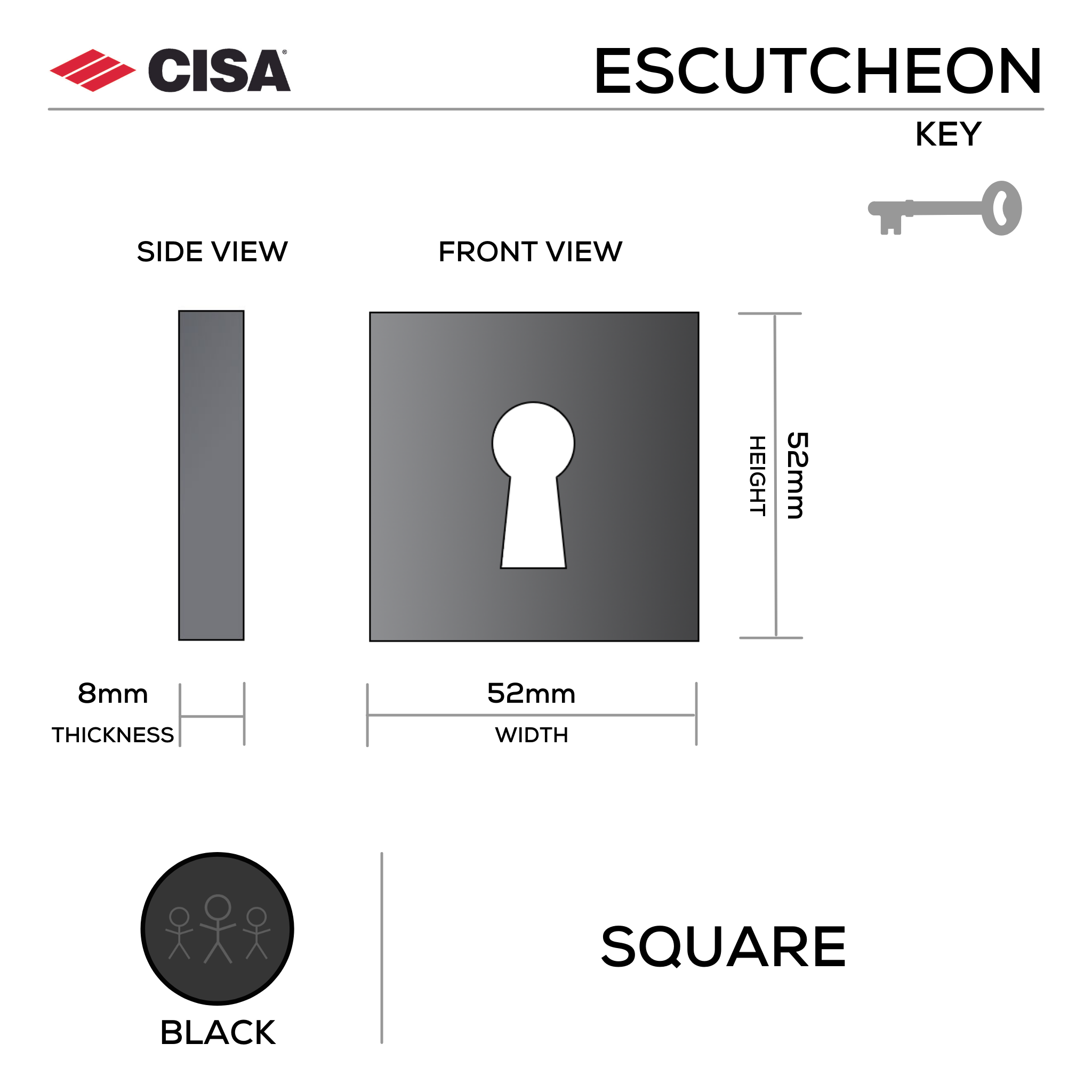 FE.S.K.MBL, Keyhole Escutcheon, Square Rose, 52mm (h) x 52mm (w) x 8mm (t), Black, CISA