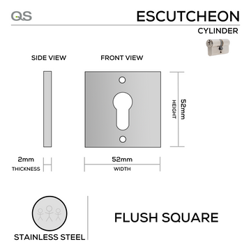 QS Stainless Steel Cylinder Lock for doors, main product view with strong stainless style, 52mm (h) x 52mm (w).