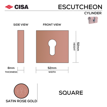 Main product view of CISA Satin Rose Gold Cylinder Lock, made for doors with proper hardware with a bit of attitude, 52mm (h) x 52mm (w).
