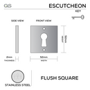 QS4472/FL, Keyhole Escutcheon, Flush Square Rose, 52mm (h) x 52mm (w) x 2mm (t), Stainless Steel, QS-1
