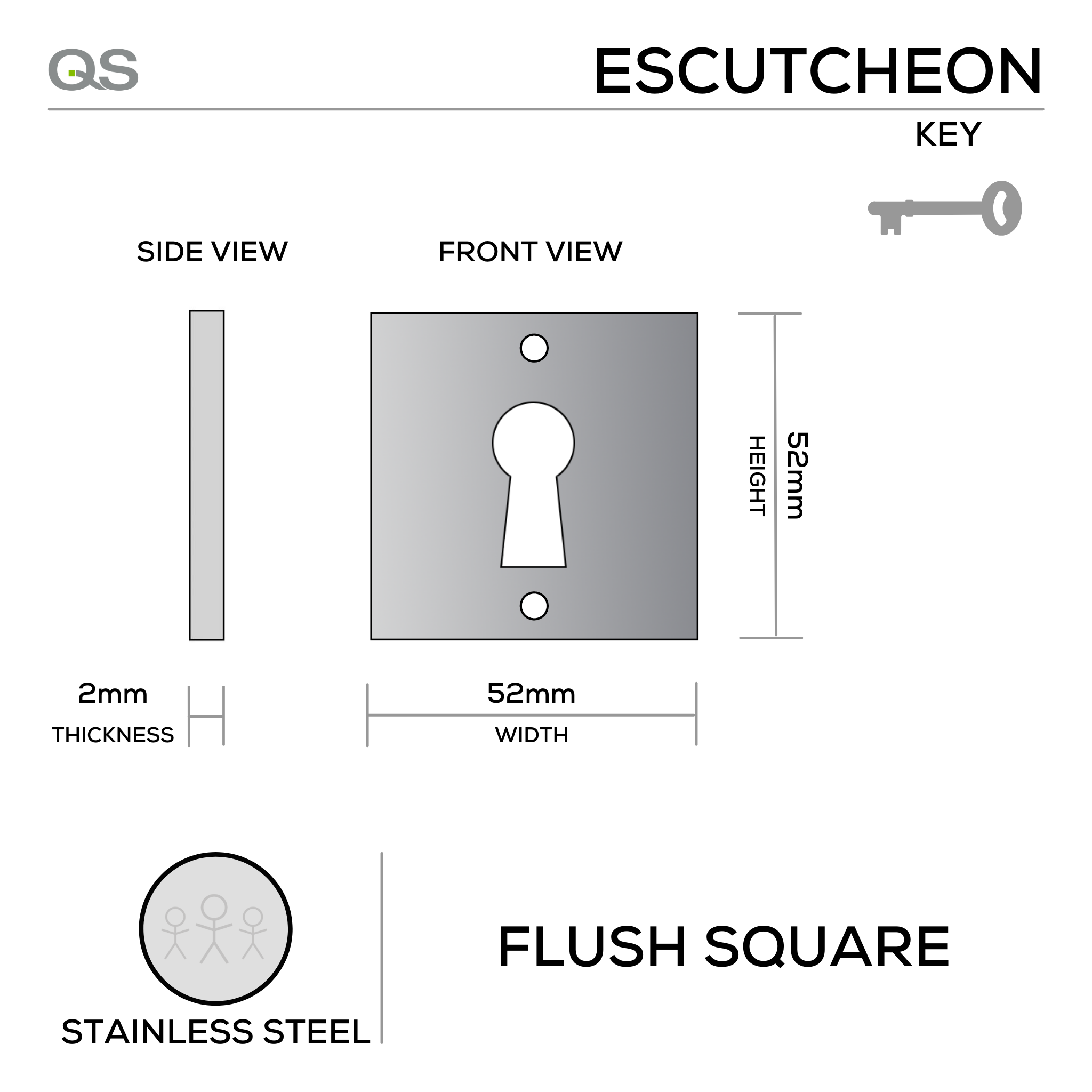 QS4472/FL, Keyhole Escutcheon, Flush Square Rose, 52mm (h) x 52mm (w) x 2mm (t), Stainless Steel, QS