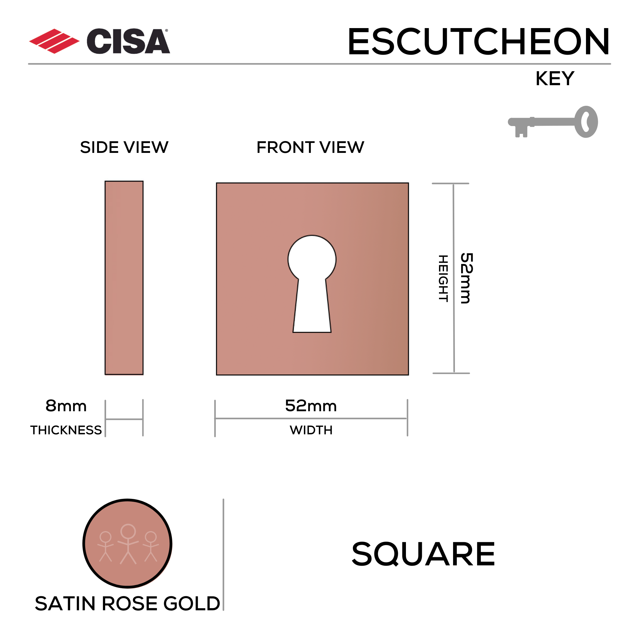 FE.S.K.SRG, Keyhole Escutcheon, Square Rose, 52mm (h) x 52mm (w) x 8mm (t), Satin Rose Gold, CISA