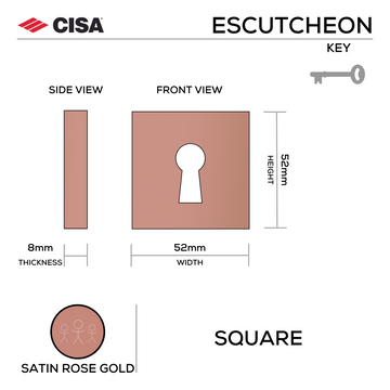 CISA Satin Rose Gold Escutcheon for doors, main product view with clean, clever, and ready to work, 52mm (h) x 52mm (w).