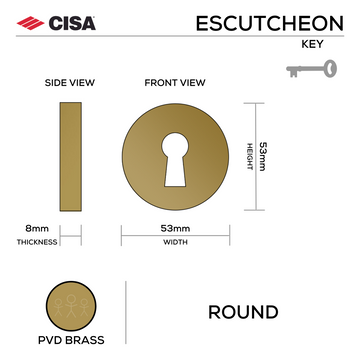 CISA Brass Escutcheon main product view; brass that means business for a better door setup, 53mm (h) x 53mm (w).