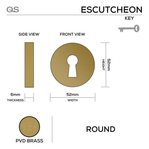 QS4402 PVD KH, Keyhole Escutcheon, Round Rose, 52mm (h) x 52mm (w) x 6mm (t), PVD Brass, QS
