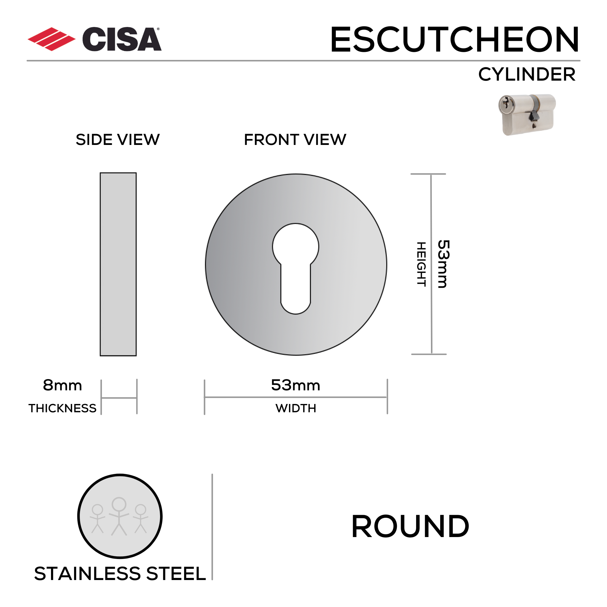 FE.R.C.SS, Cylinder Escutcheon, Round Rose, 53mm (h) x 53mm (w) x 8mm (t), Stainless Steel, CISA
