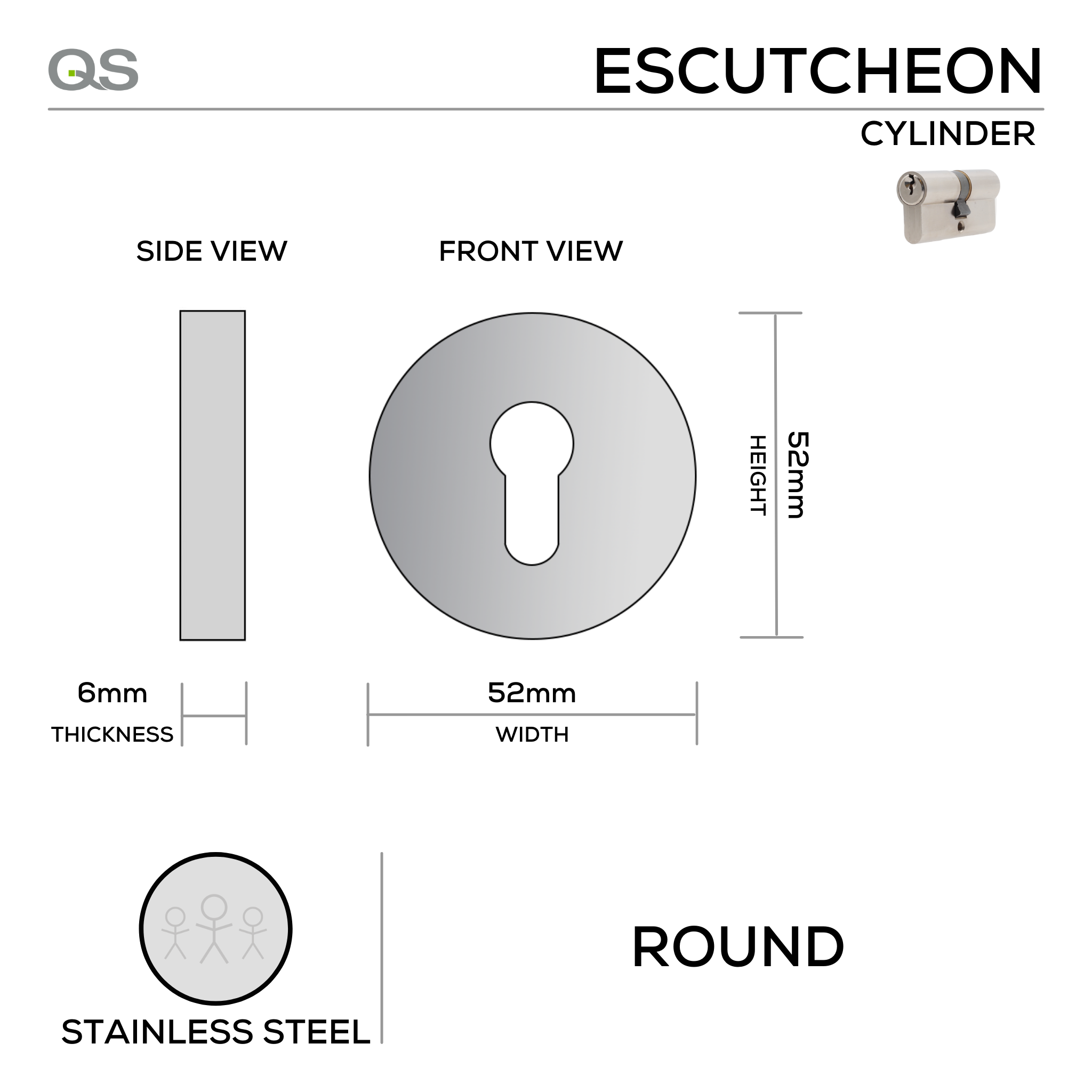 QS4403, Cylinder Escutcheon, Round Rose, 52mm (h) x 52mm (w) x 6mm (t), Stainless Steel, QS