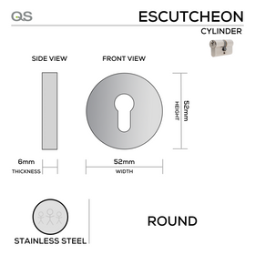 QS4403.com, Cylinder Escutcheon, Round Rose, 52mm (h) x 52mm (w) x 6mm (t), Stainless Steel, QS