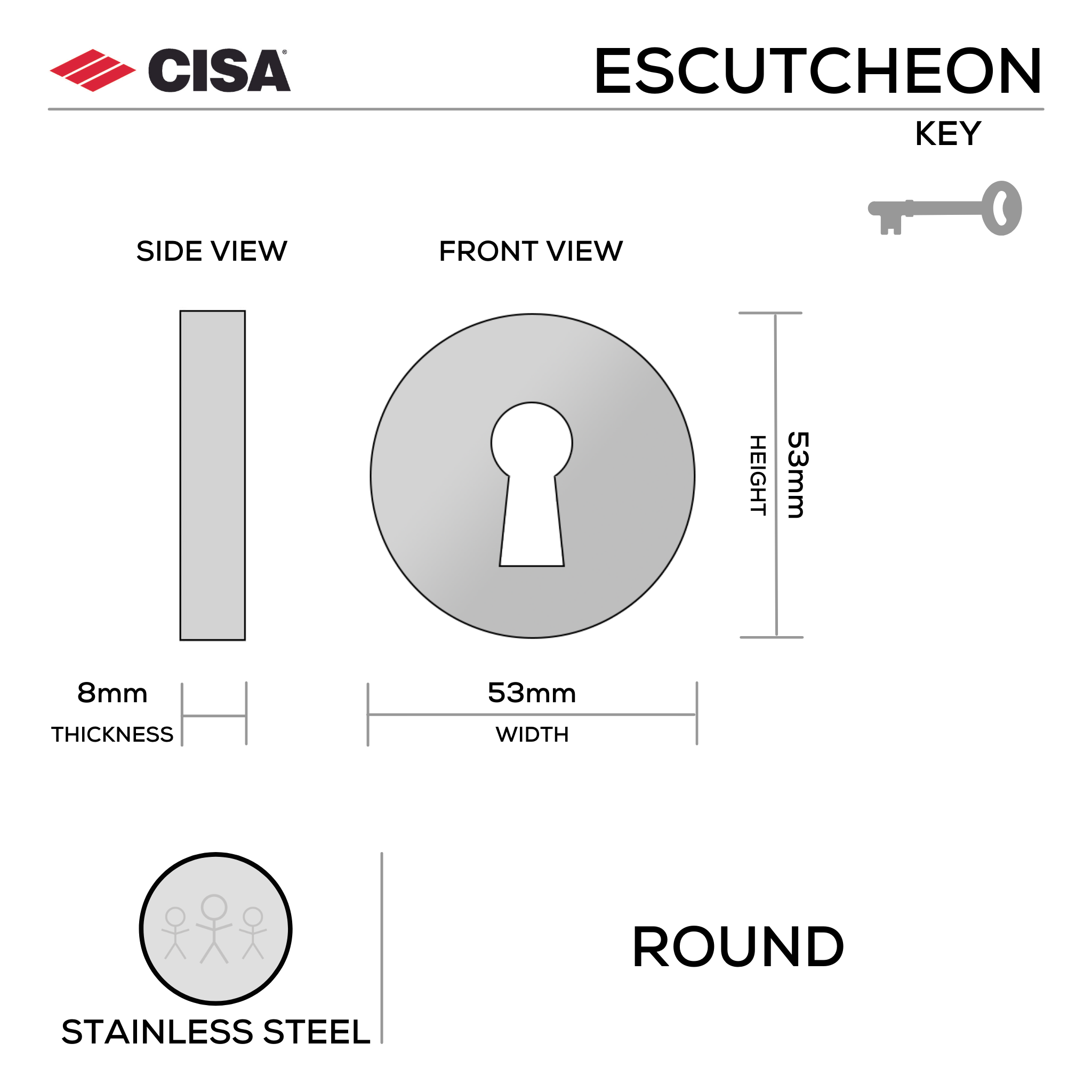FE.R.K.SS, Keyhole Escutcheon, Round Rose, 53mm (h) x 53mm (w) x 8mm (t), Stainless Steel, CISA