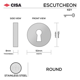 FE.R.K.SS, Keyhole Escutcheon, Round Rose, 53mm (h) x 53mm (w) x 8mm (t), Stainless Steel, CISA