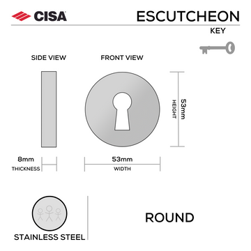 CISA Stainless Steel Escutcheon for doors, main product view with strong stainless style, 53mm (h) x 53mm (w).
