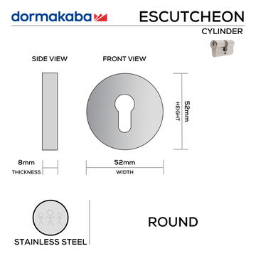 DORMAKABA Stainless Steel Cylinder Lock for doors, main product view with strong stainless style, 52mm (h) x 52mm (w).