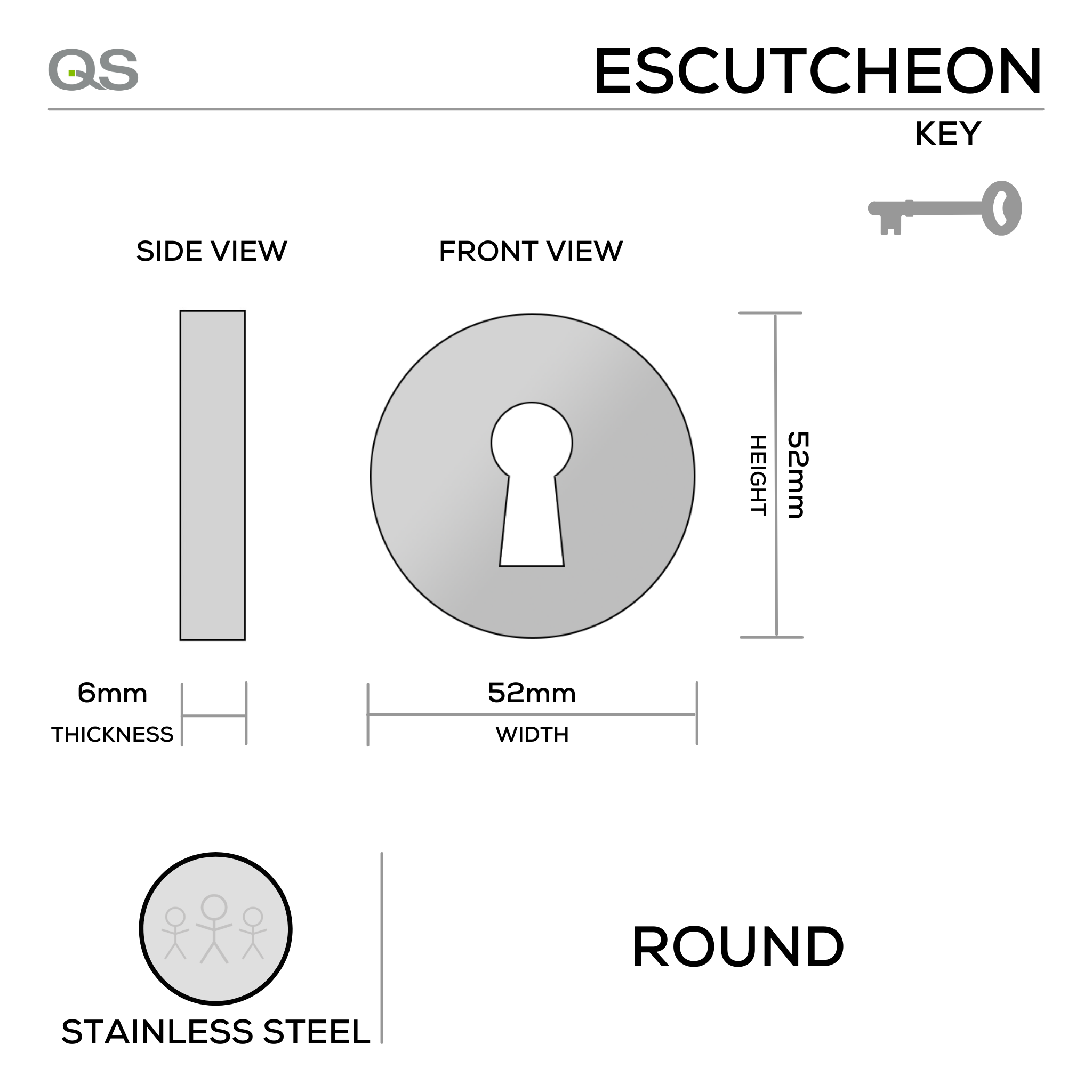 QS4402, Keyhole Escutcheon, Round Rose, 52mm (h) x 52mm (w) x 6mm (t), Stainless Steel, QS