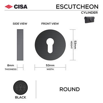CISA Matt Black Cylinder Lock for doors, main product view with bold black energy, 53mm (h) x 53mm (w).