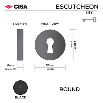 Main product view of CISA Matt Black Escutcheon, made for doors with dark, sleek, and ready to stand out, 53mm (h) x 53mm (w).