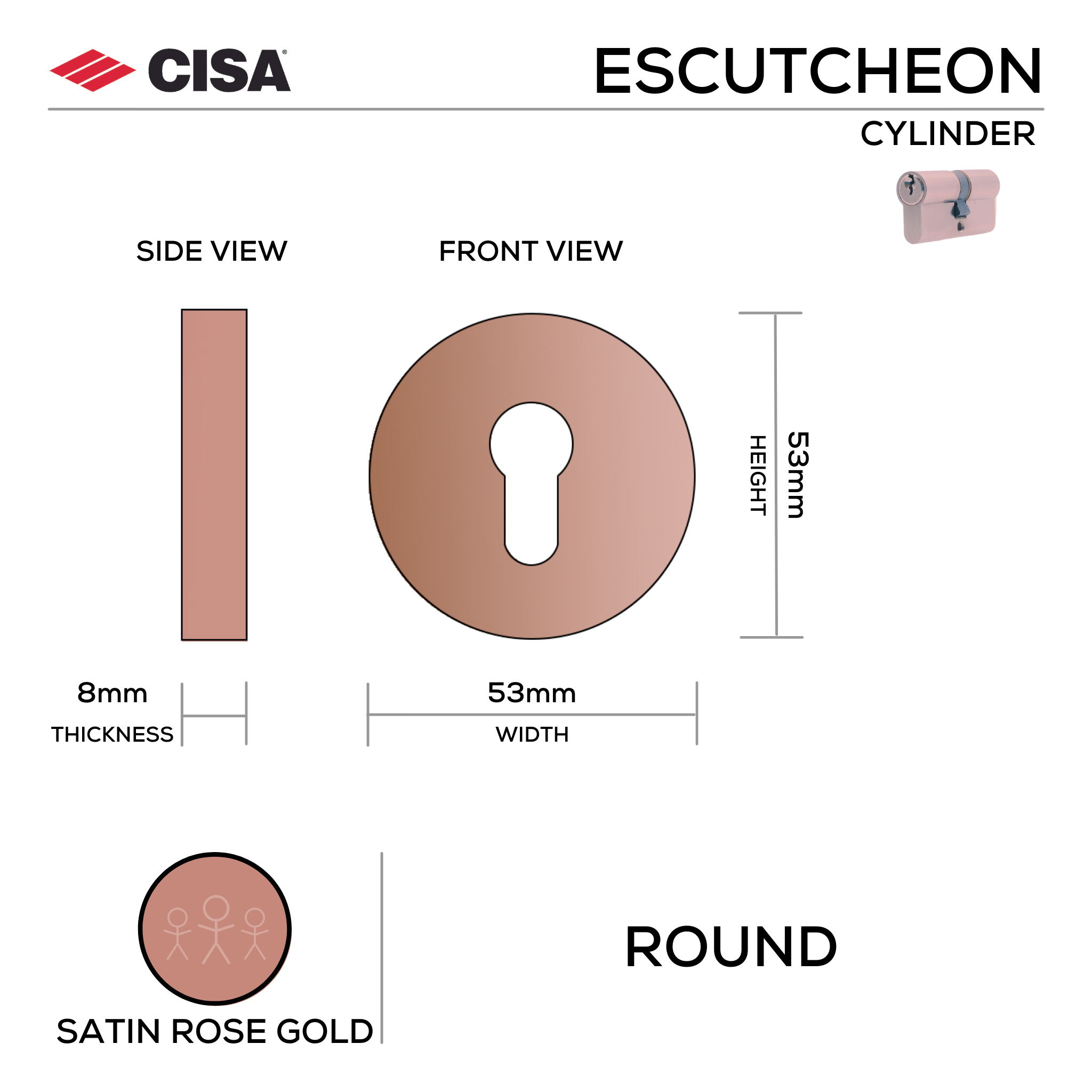 FE.R.C.SRG, Cylinder Escutcheon, Round Rose, 53mm (h) x 53mm (w) x 8mm (t), Satin Rose Gold, CISA