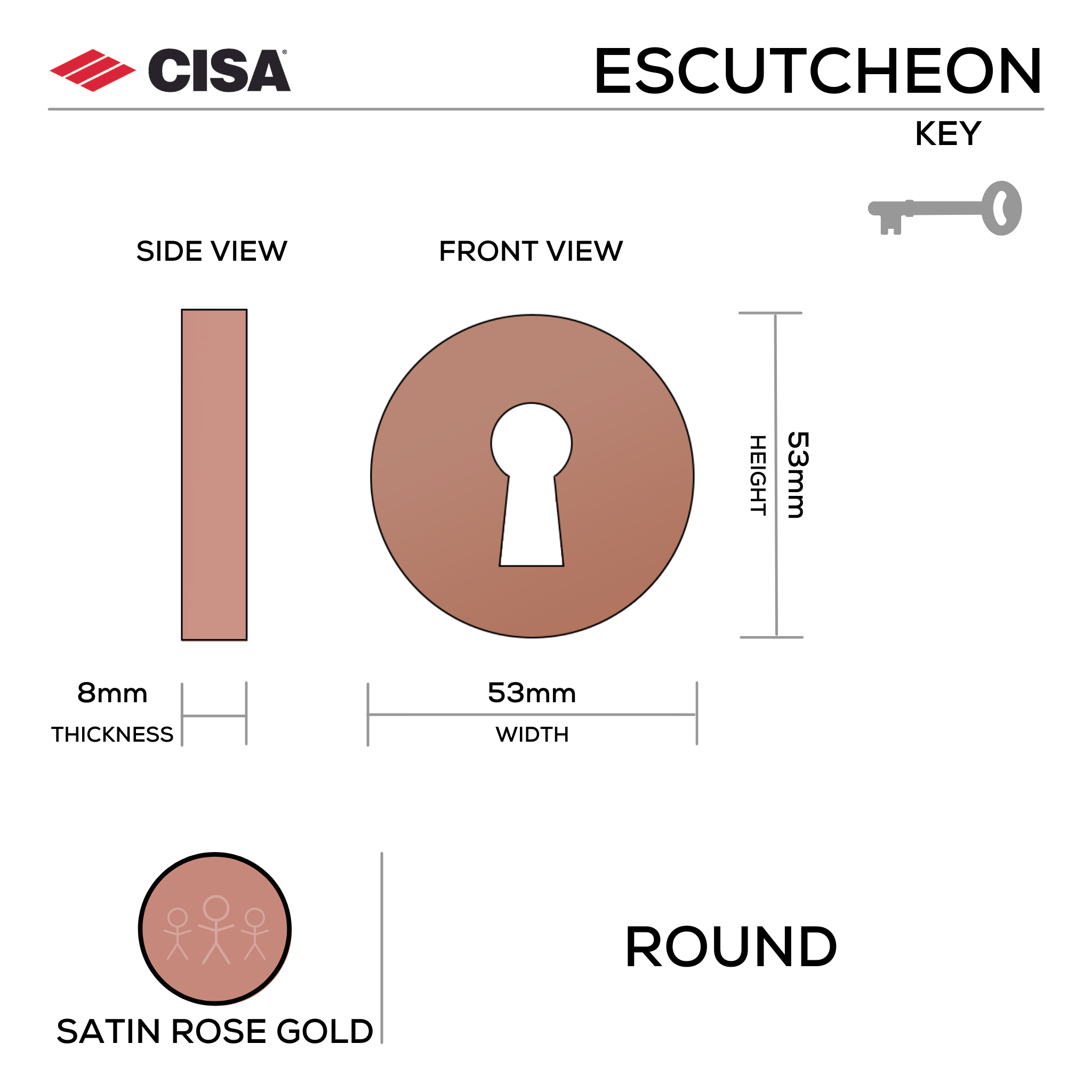 FE.R.K.SRG, Keyhole Escutcheon, Round Rose, 53mm (h) x 53mm (w) x 8mm (t), Satin Rose Gold, CISA
