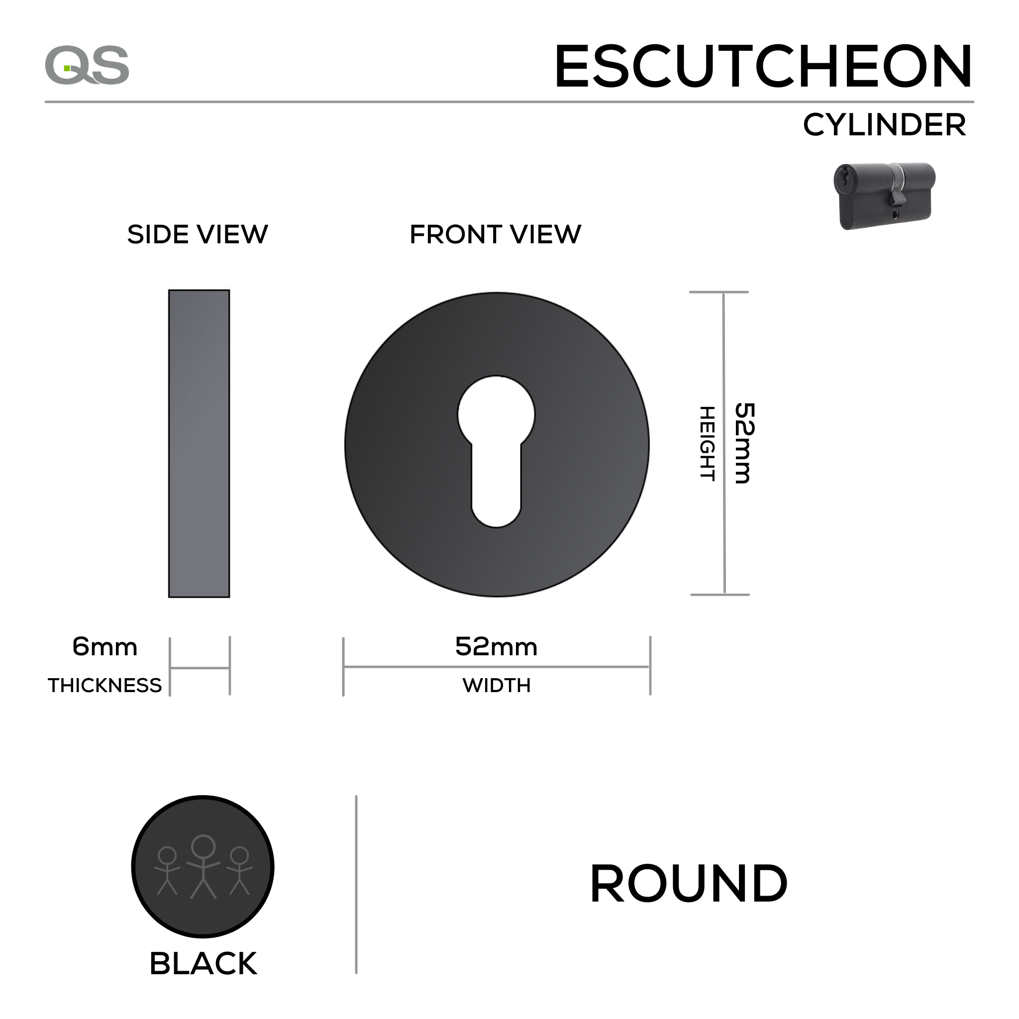 QS4403 BLACK, Cylinder Escutcheon, Round Rose, 52mm (h) x 52mm (w) x 6mm (t), Black, QS
