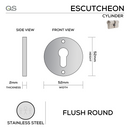 QS4403/FL, Cylinder Escutcheon, Flush Round Rose, 52mm (h) x 52mm (w) x 2mm (t), Stainless Steel, QS-1